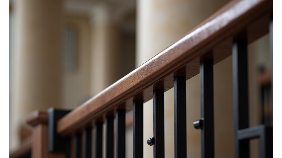 Close-up of a modern staircase railing with contrasting wooden handrail and sleek black metal balusters